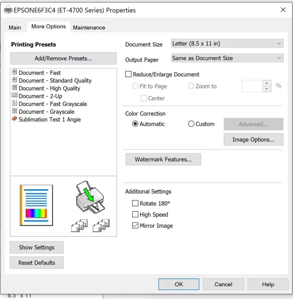 printer settings for sublimation paper